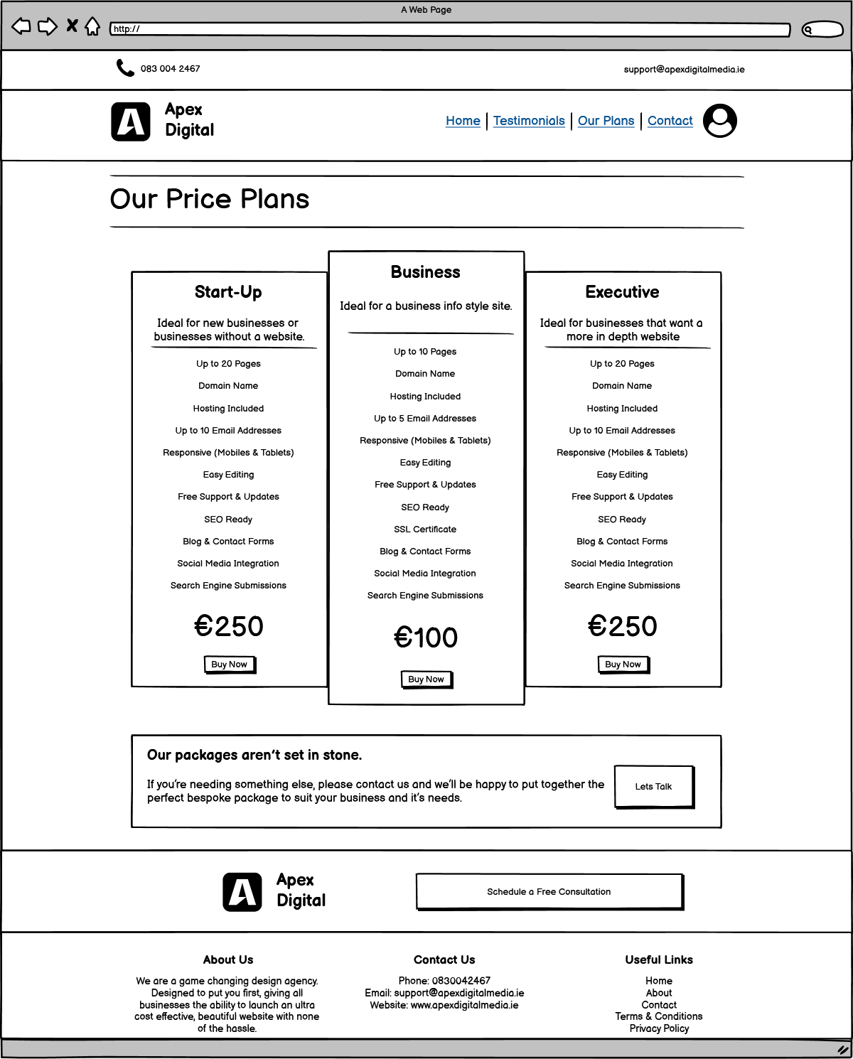 List of packages wireframe